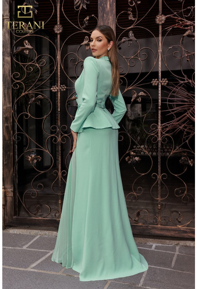 Terani Couture 251M4572 V-neck Full Sleeves Long Sheath Dress